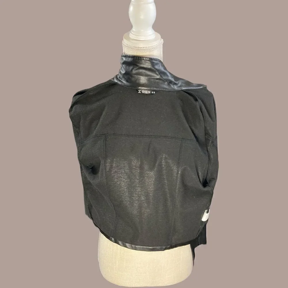 Black Faux Leather Cropped Button Down Lightweight Jacket